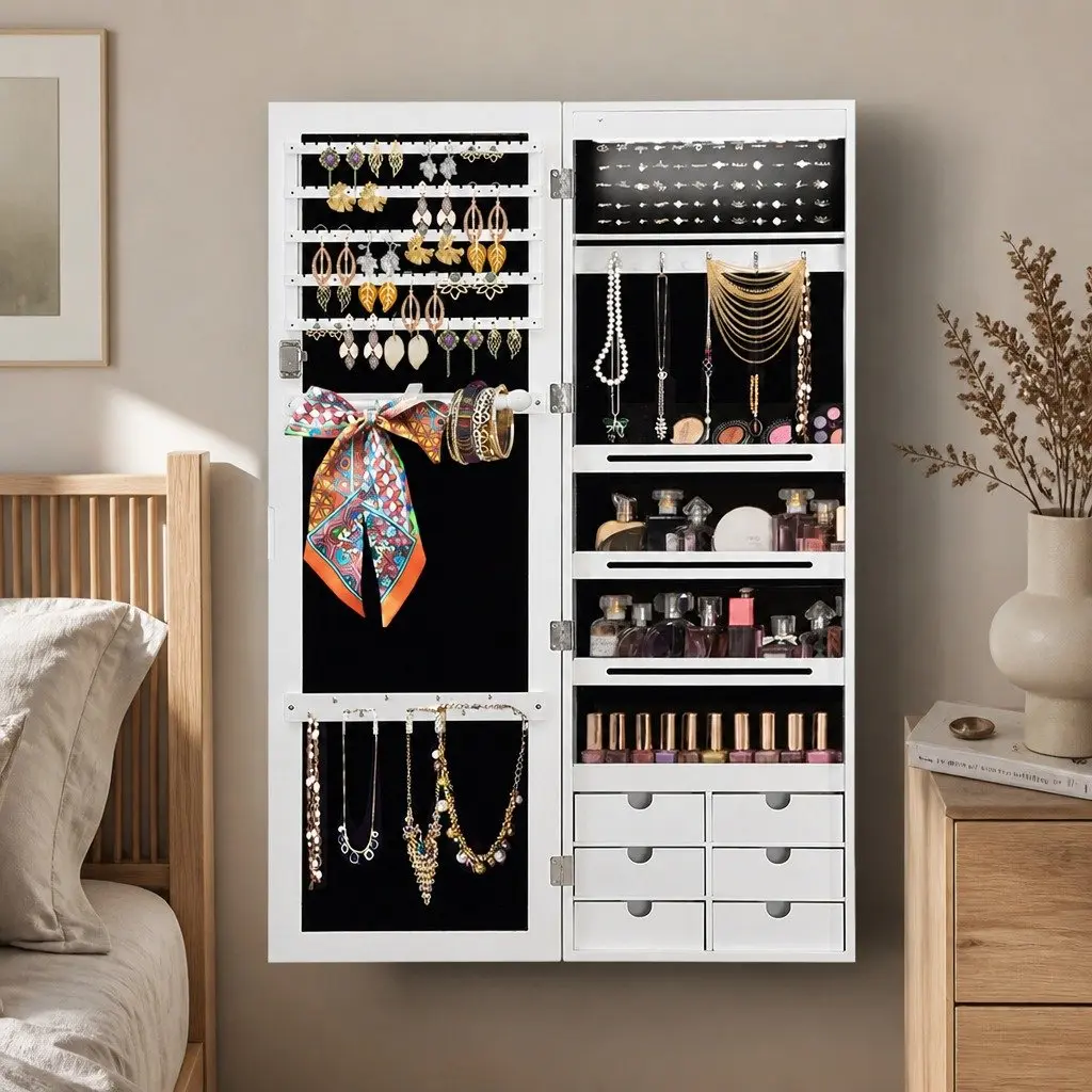 Jewellery Cabinet Full Length Mirror Wall Mounted Lockable White MDF 120cm x 37cm x 8.7cm