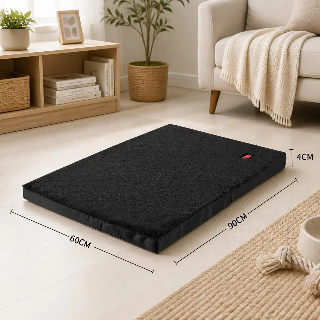 Foldable Pet Bed Foam Large Black Plush Portable Handle Sleep Mat
