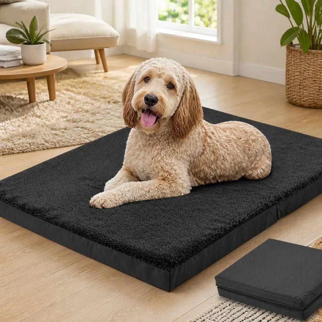 Foldable Pet Bed Foam Large Black Plush Portable Handle Sleep Mat