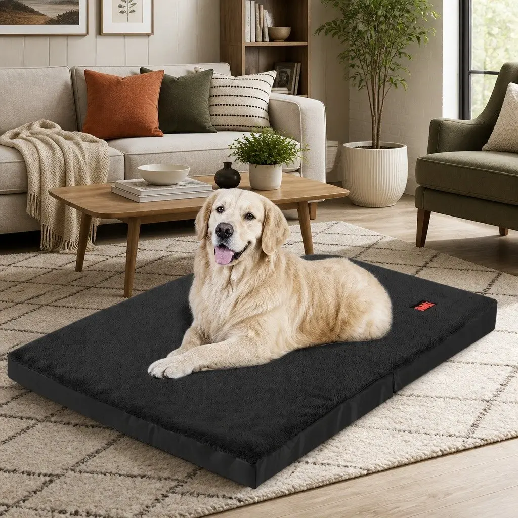 Foldable Pet Bed Foam Large Black Plush Portable Handle Sleep Mat