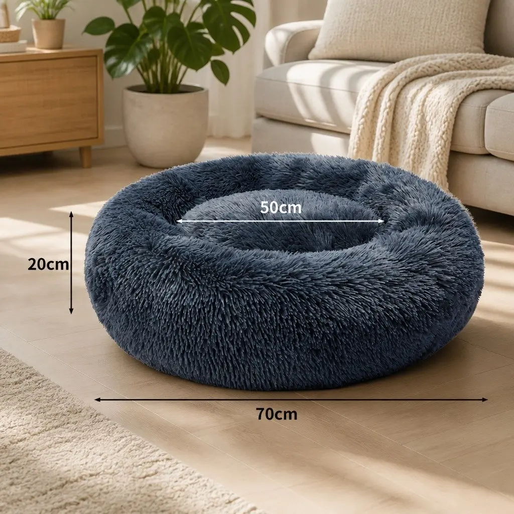 Large Plush Non-slip Dark Grey Donut-shaped Pet Bed with Raised Rim for Comfort and Security