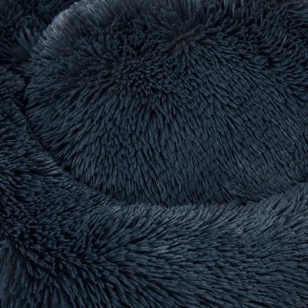 Large Plush Non-slip Dark Grey Donut-shaped Pet Bed with Raised Rim for Comfort and Security