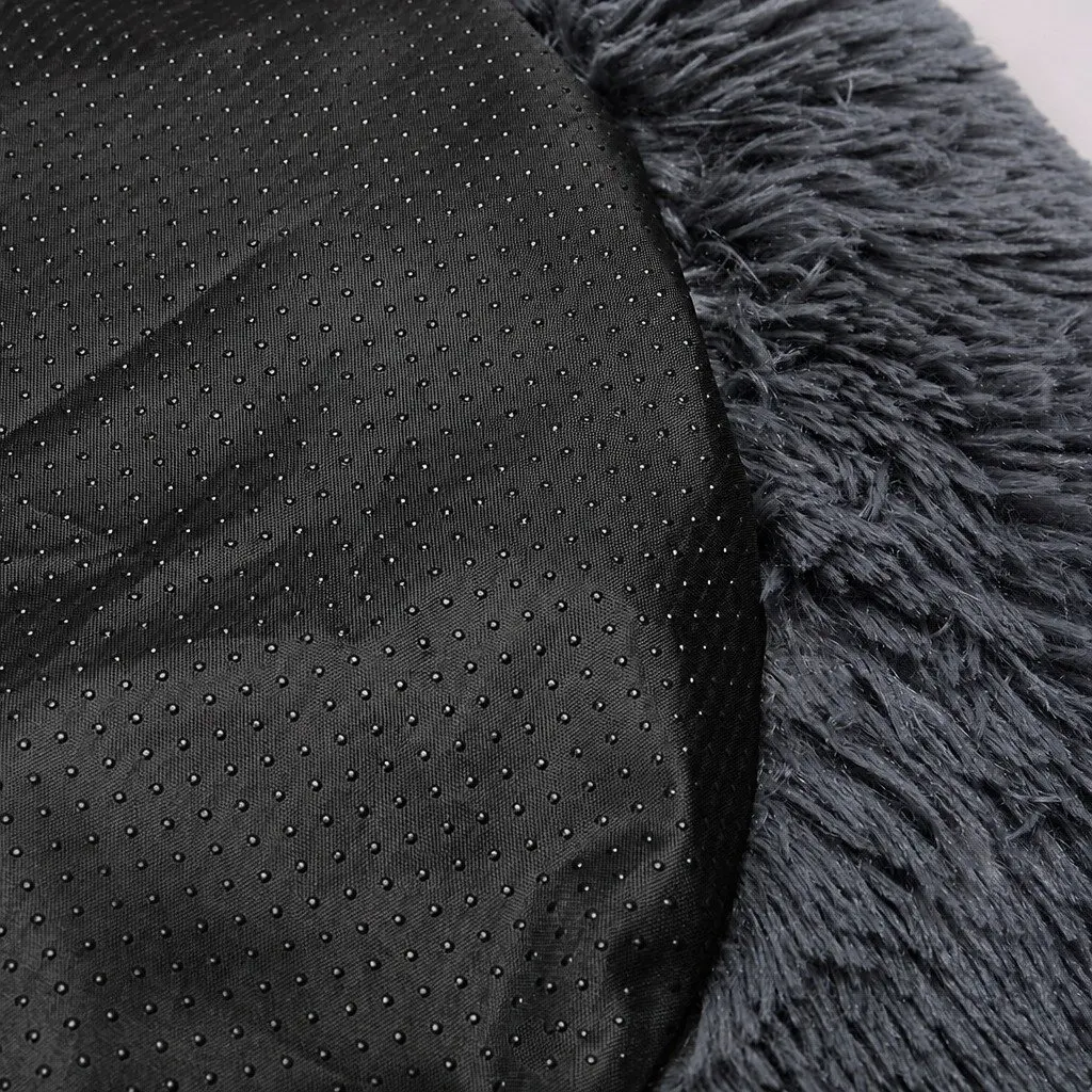 Large Plush Non-slip Dark Grey Donut-shaped Pet Bed with Raised Rim for Comfort and Security