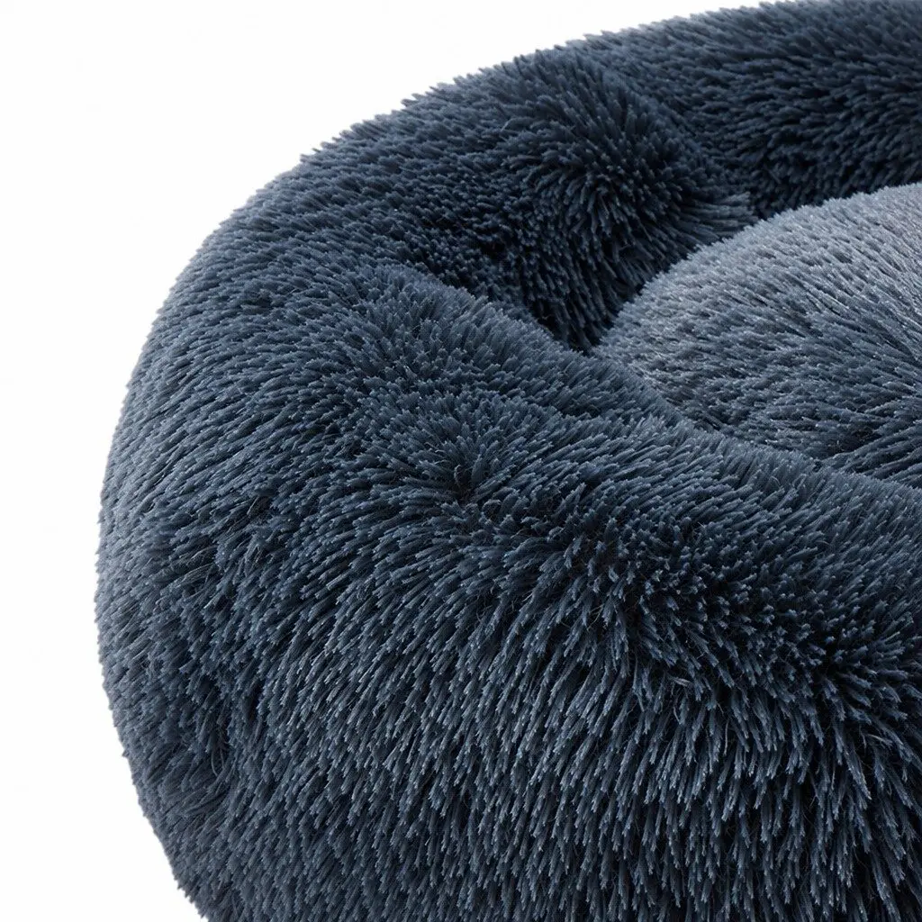 Large Plush Non-slip Dark Grey Donut-shaped Pet Bed with Raised Rim for Comfort and Security