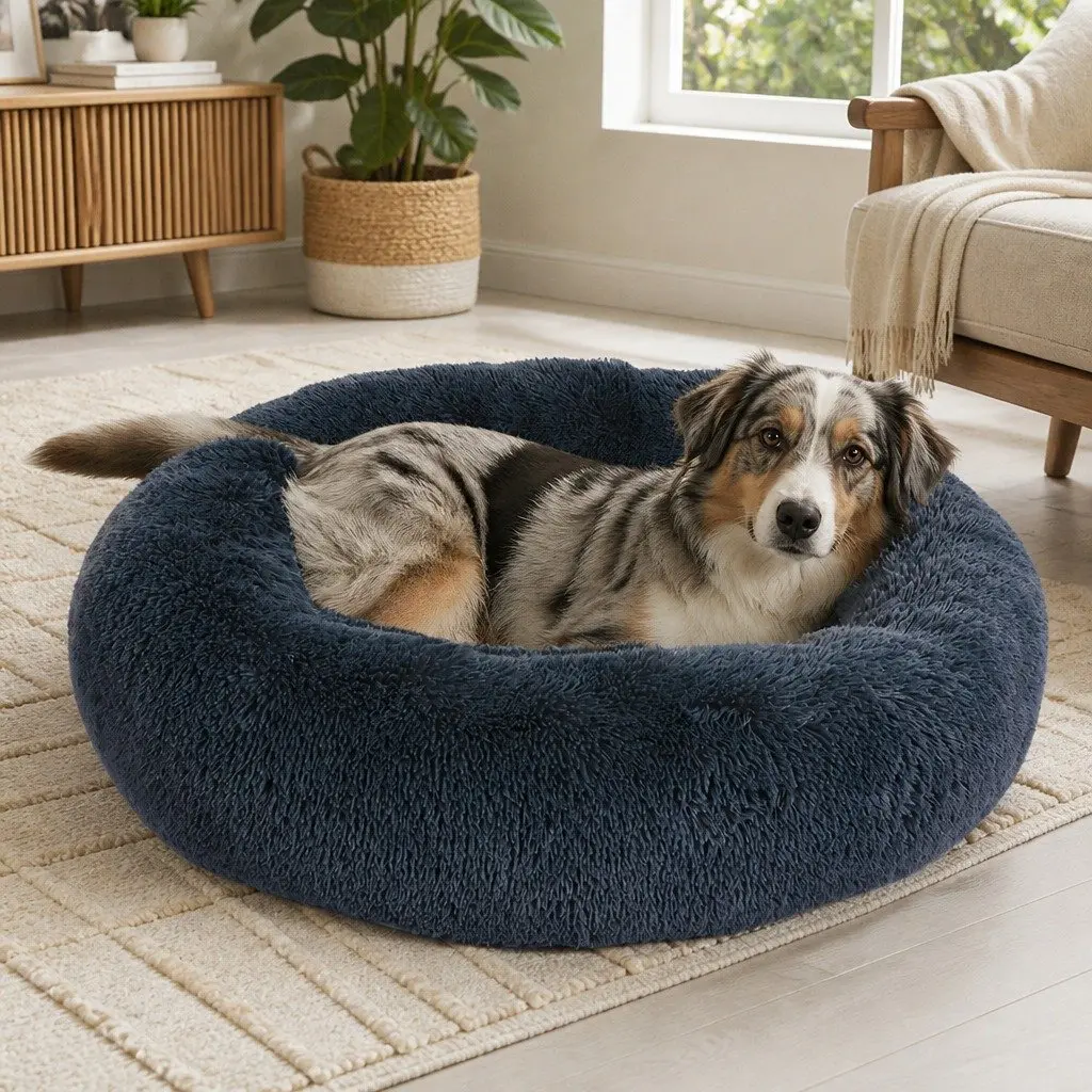 Large Plush Non-slip Dark Grey Donut-shaped Pet Bed with Raised Rim for Comfort and Security