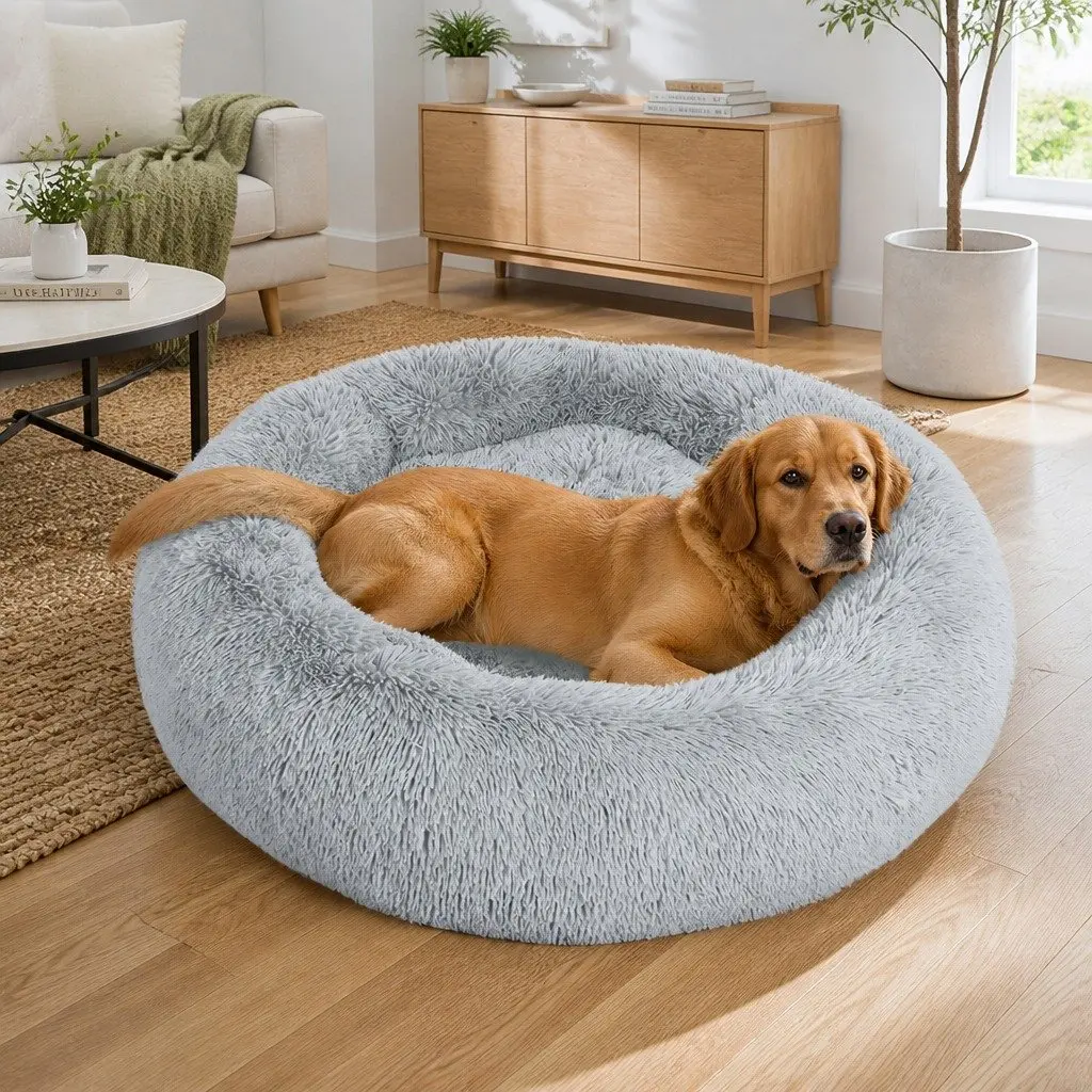Pet Bed Dog Beds Donut Shaped Mattress Large Grey Calming Comfort Cushion