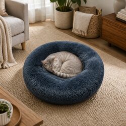Pet Bed Donut-Shaped Dog Mattress Medium Dark Grey Plush Calming Comfort