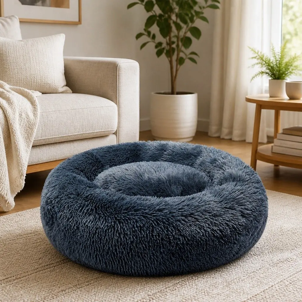 Pet Bed Donut-Shaped Medium Dark Grey Plush
