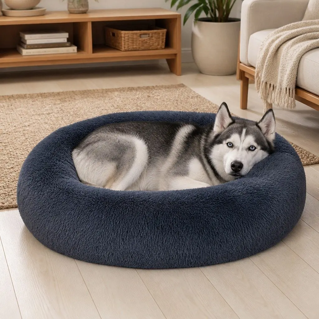Pet Bed Donut-Shaped Medium Dark Grey Plush