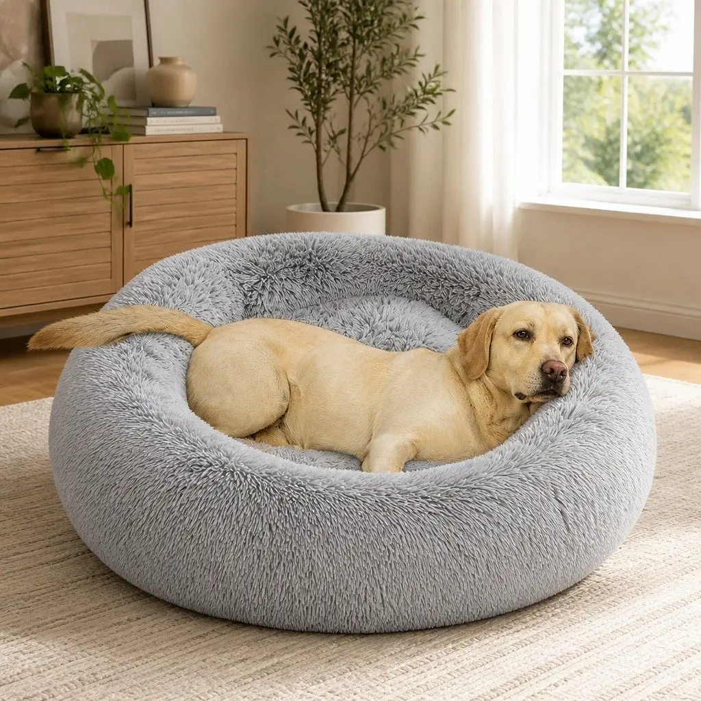 Pet Bed Dog Beds Mattress Medium Grey Donut-Shaped Calming Lounger Washable