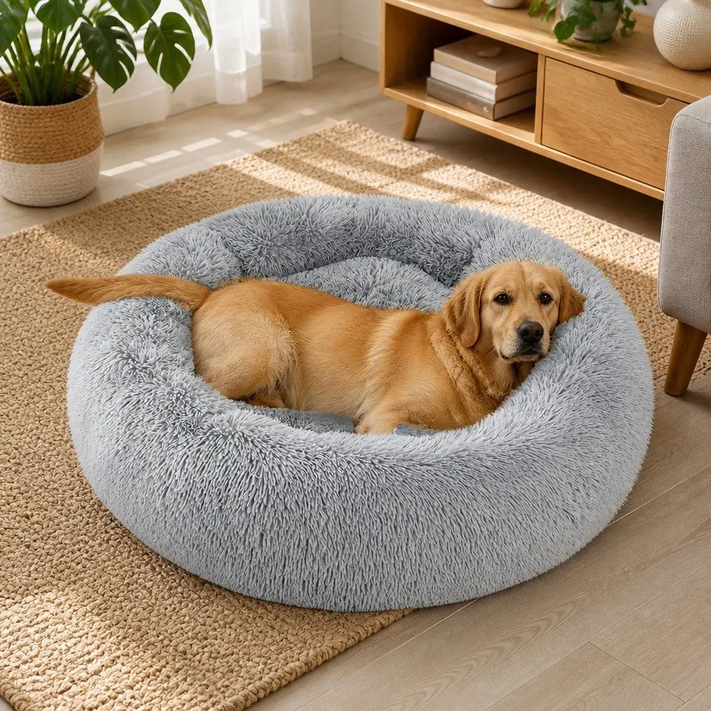 Pet Bed Dog Beds Mattress Medium Grey Donut-Shaped Calming Lounger Washable