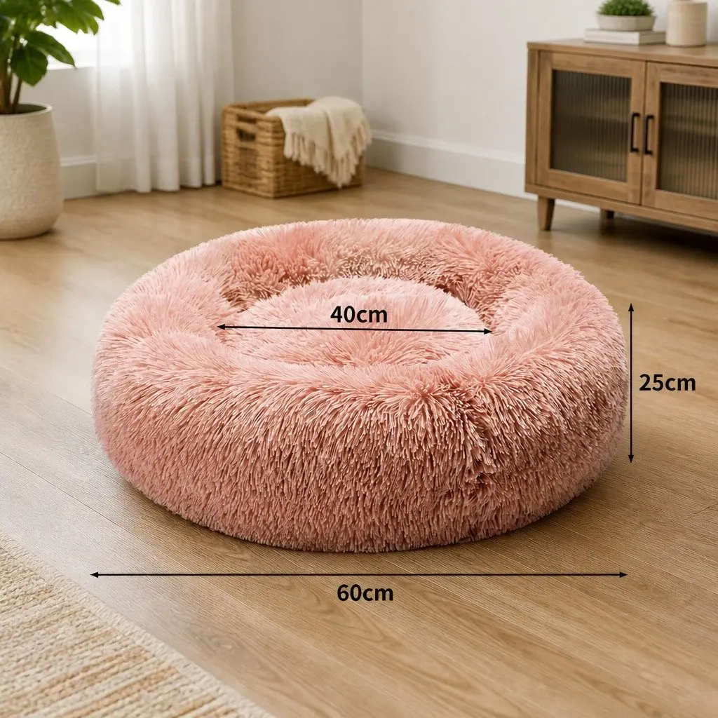 Pet Bed Donut Nest Calming Medium Plush Non-Slip Pink