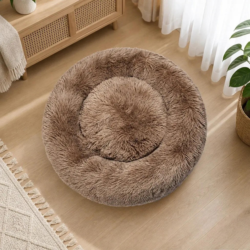 Pet Bed Donut-Shaped Polyester Medium Brown Washable Comfort