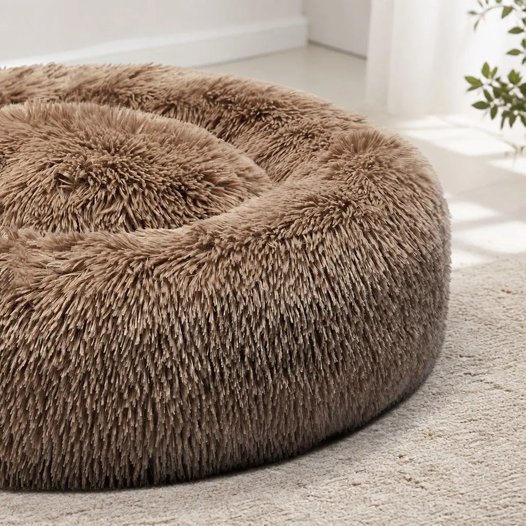 Pet Bed Donut-Shaped Polyester Medium Brown Washable Comfort