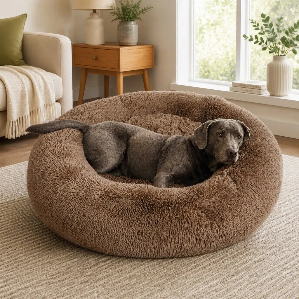 Pet Bed Donut-Shaped Polyester Medium Brown Washable Comfort