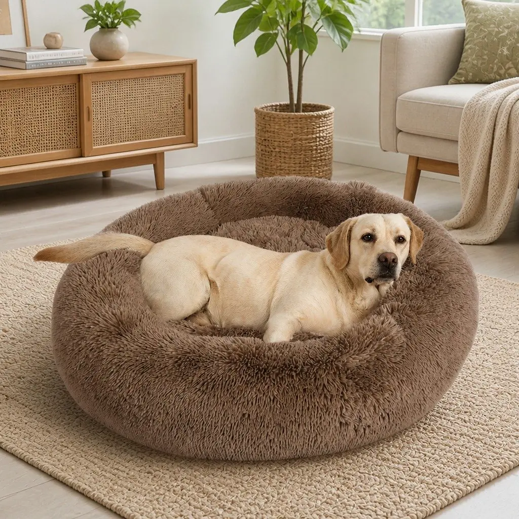 Pet Bed Donut-Shaped Polyester Medium Brown Washable Comfort