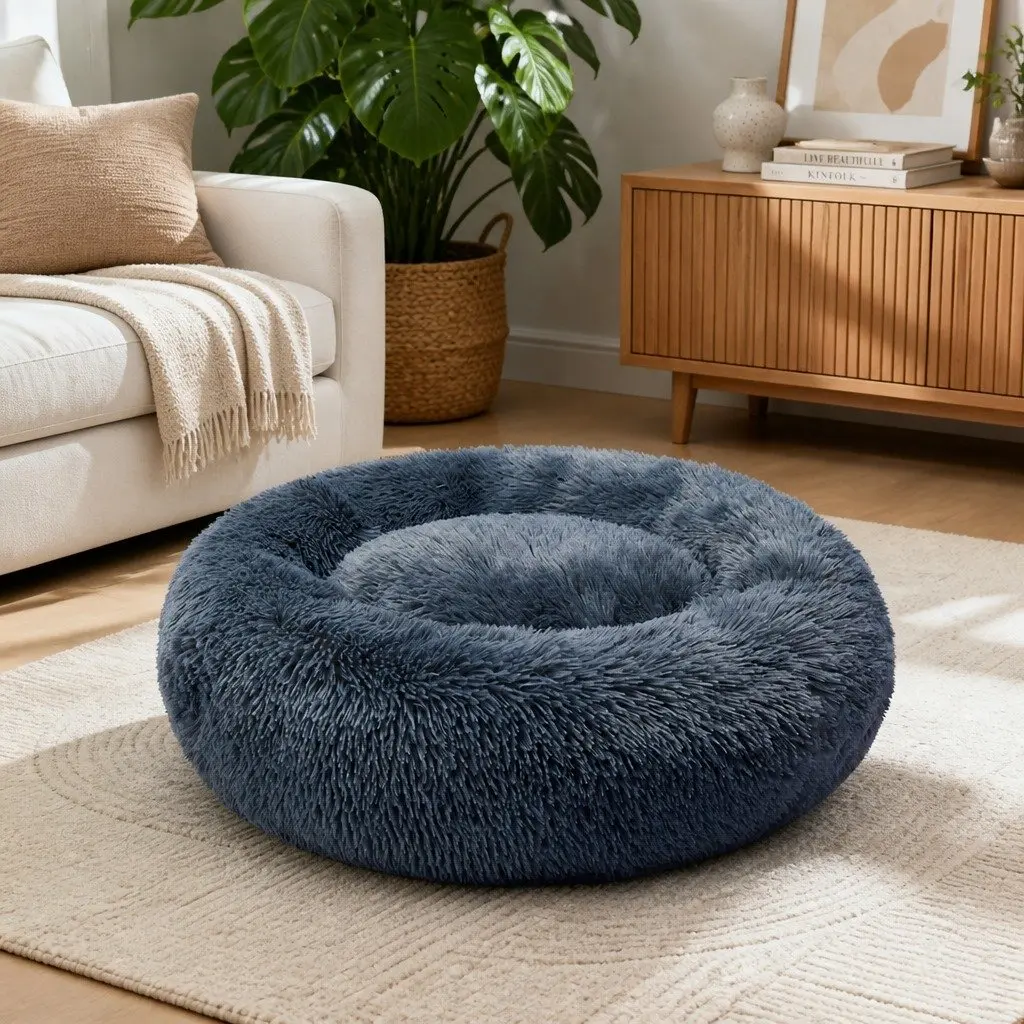 Dog Bed Donut Plush Small Dark Grey Non-Slip Mattress Calming Raised Rim