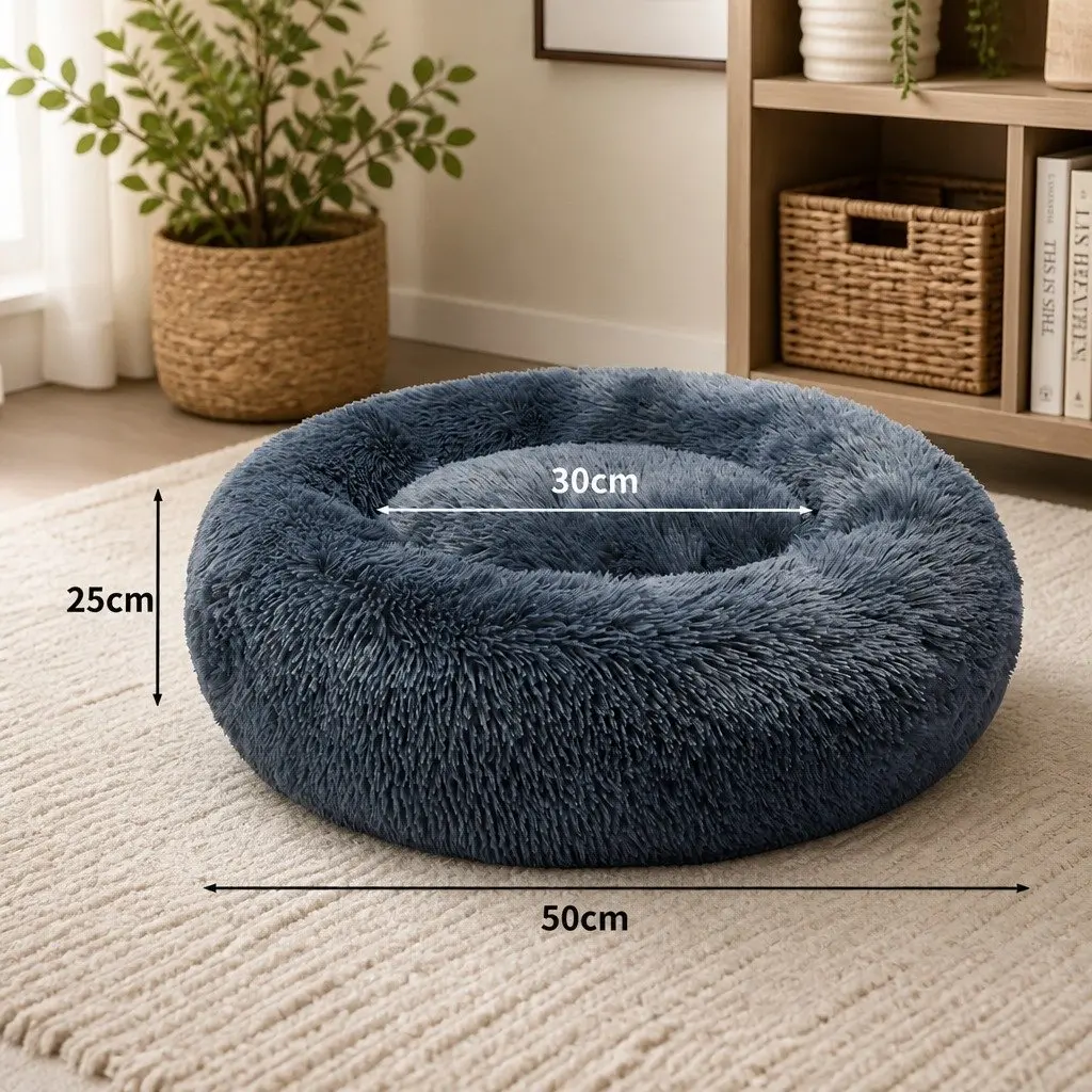 Dog Bed Donut Plush Small Dark Grey Non-Slip Mattress Calming Raised Rim