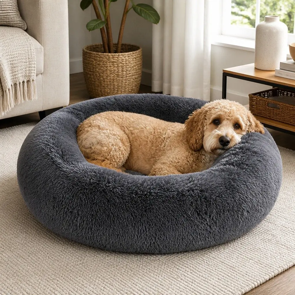 Dog Bed Donut Plush Small Dark Grey Non-Slip Mattress Calming Raised Rim