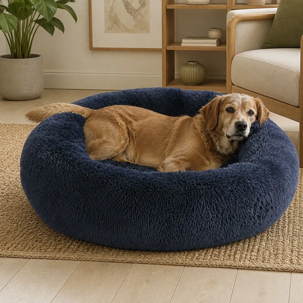 Dog Bed Donut Plush Small Dark Grey Non-Slip Mattress Calming Raised Rim