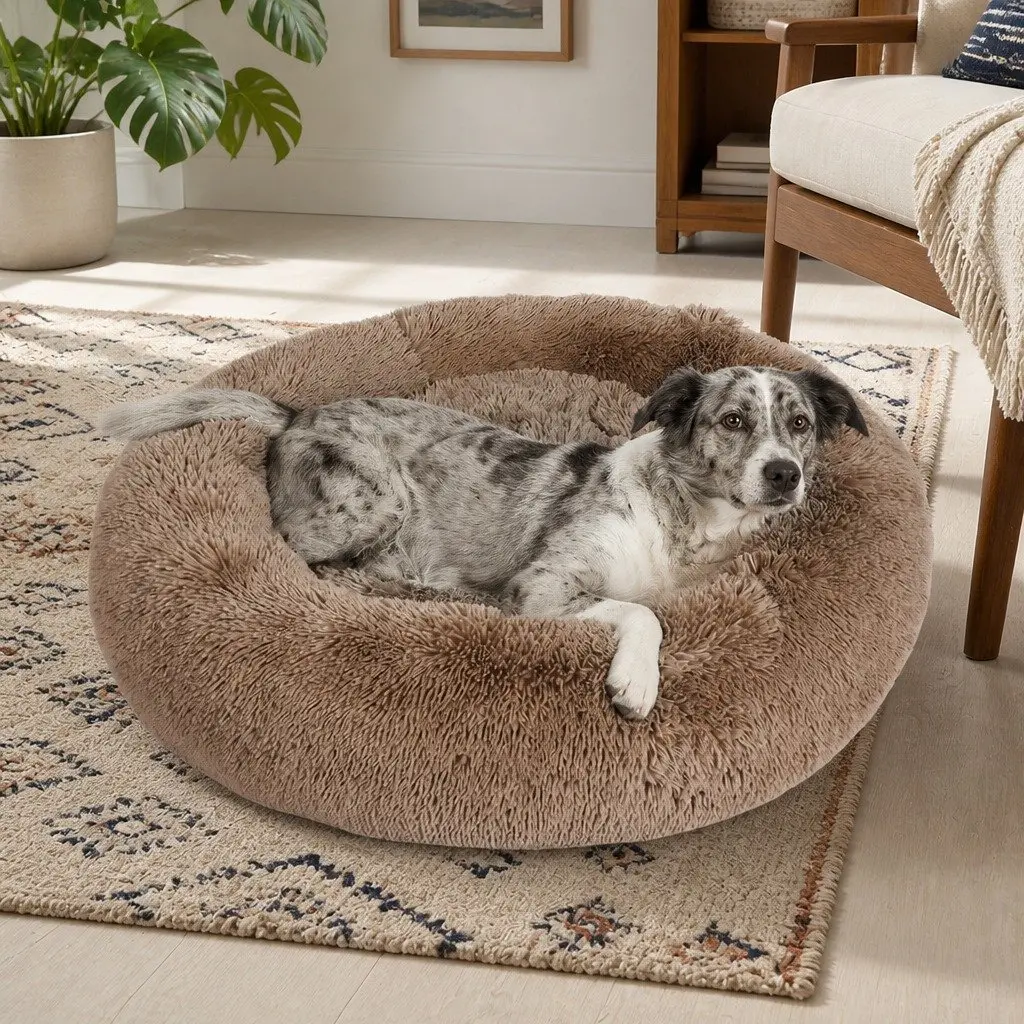 Pet Bed Mattress Donut-Shaped Dog Beds Small Brown Calming Sleeping Mat
