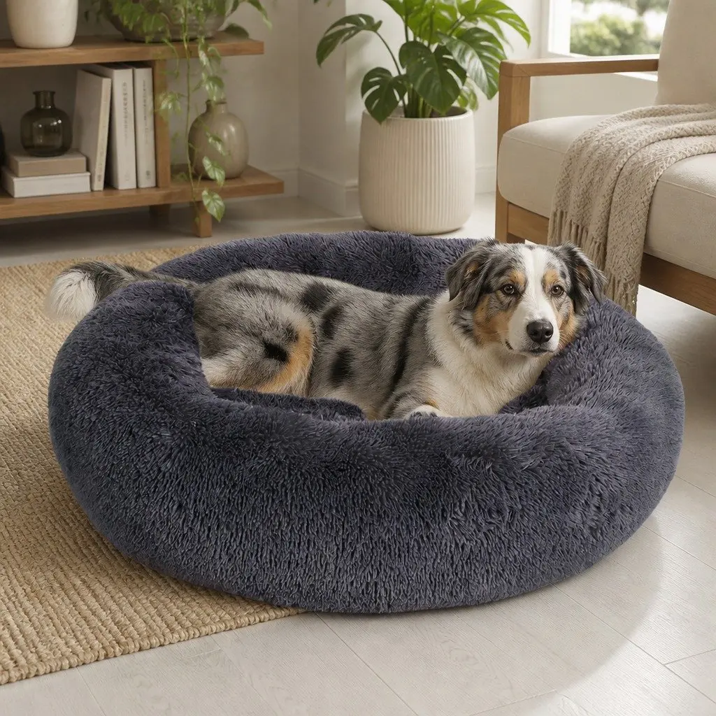 Pet Bed Donut Nest Calming XXXL Dark Grey Plush Polyester Non-Slip Bottom