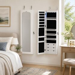 Jewellery Cabinet LED Mirror Lockable White Wall Mount Over Door Storage