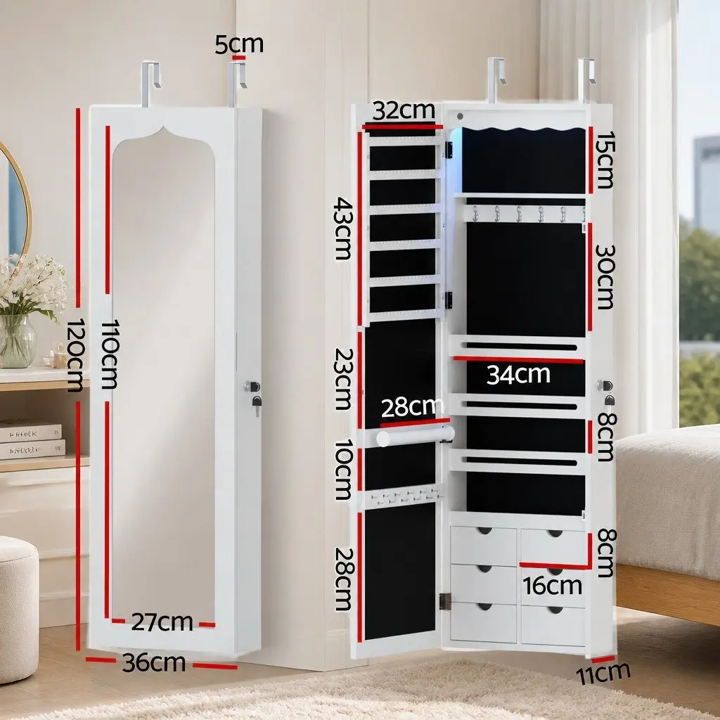 Jewellery Cabinet MDF Lockable White Wall Mount Over Door Full Length Mirror with LED Light