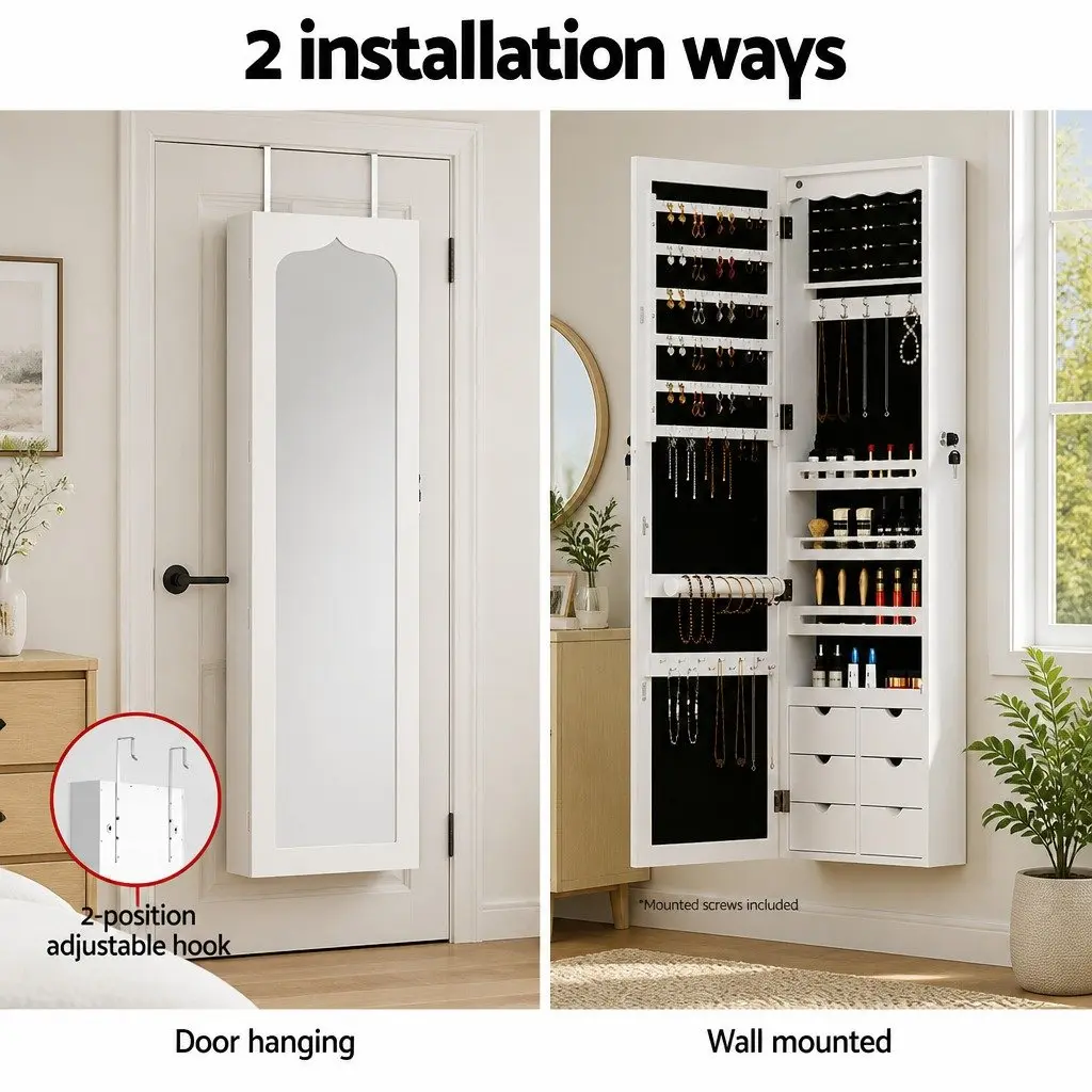 Jewellery Cabinet MDF Lockable White Wall Mount Over Door Full Length Mirror with LED Light