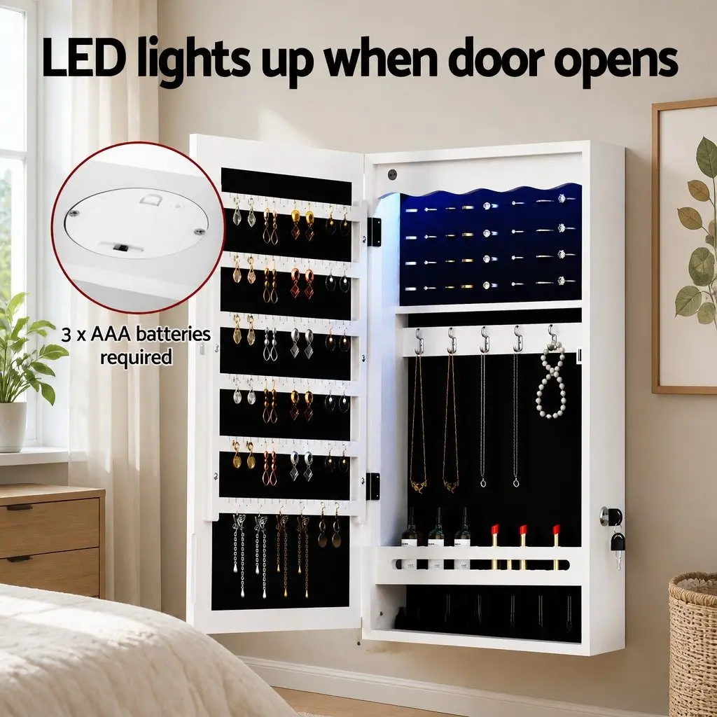 Jewellery Cabinet MDF Lockable White Wall Mount Over Door Full Length Mirror with LED Light
