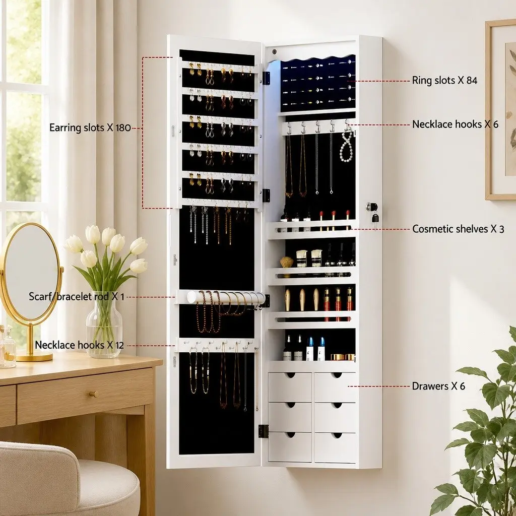 Jewellery Cabinet MDF Lockable White Wall Mount Over Door Full Length Mirror with LED Light
