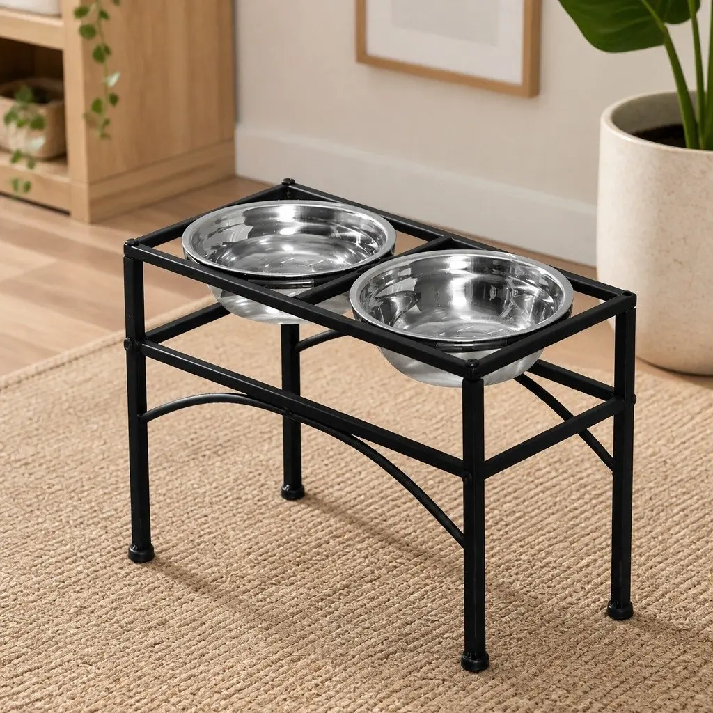 Dual Elevated Pet Dog Feeding Dishes Large Stainless Steel Bowls Black Iron Base