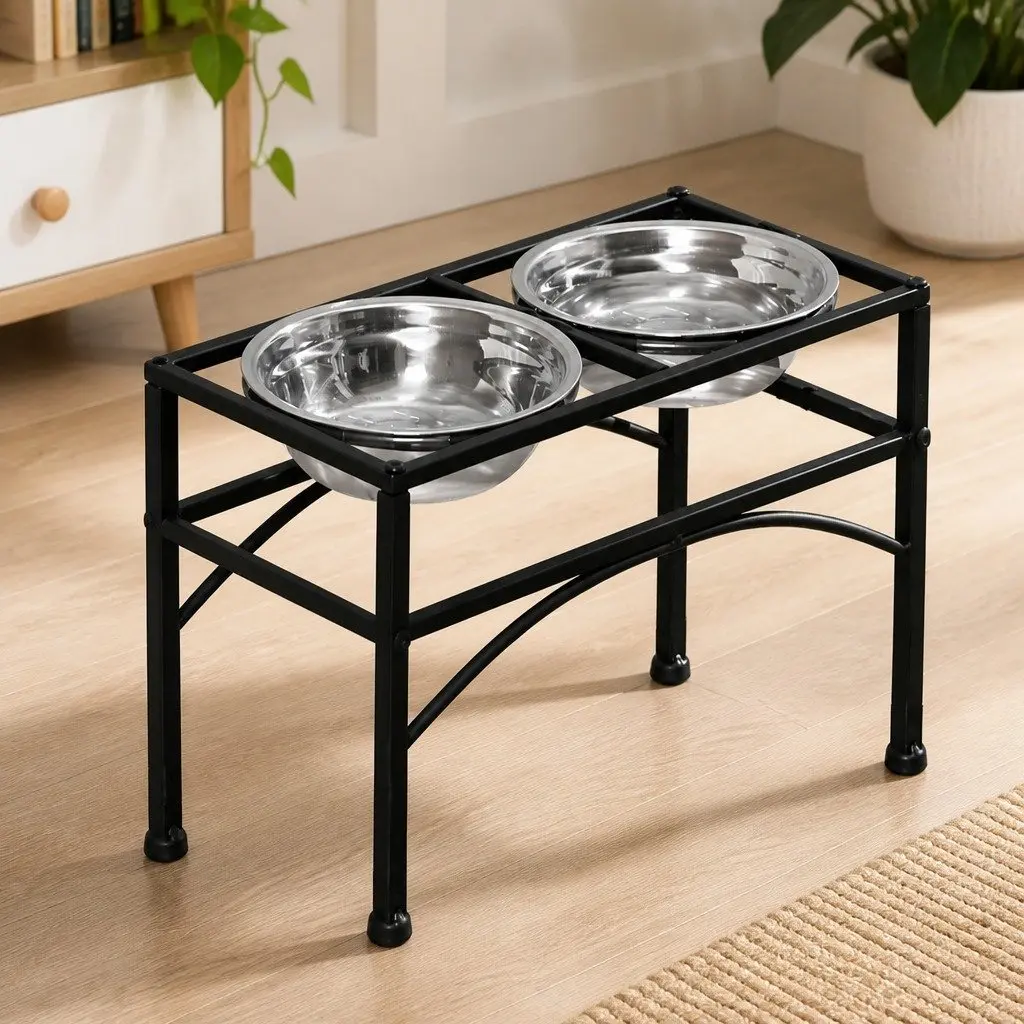 Dual Elevated Pet Dog Feeding Dishes Large Stainless Steel Bowls Black Iron Base