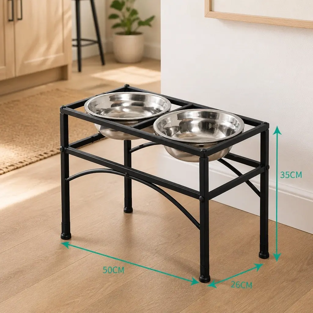 Dual Elevated Pet Dog Feeding Dishes Large Stainless Steel Bowls Black Iron Base