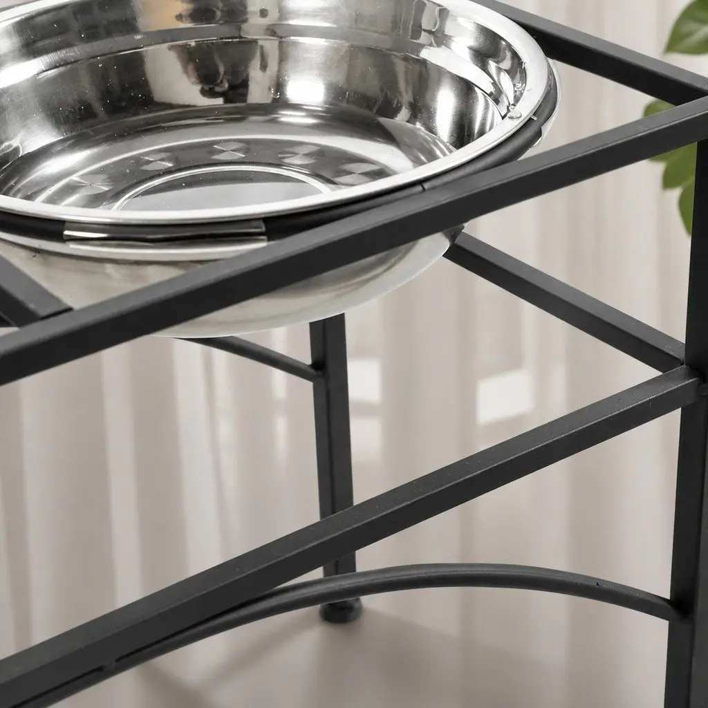 Dual Elevated Pet Dog Feeding Dishes Large Stainless Steel Bowls Black Iron Base