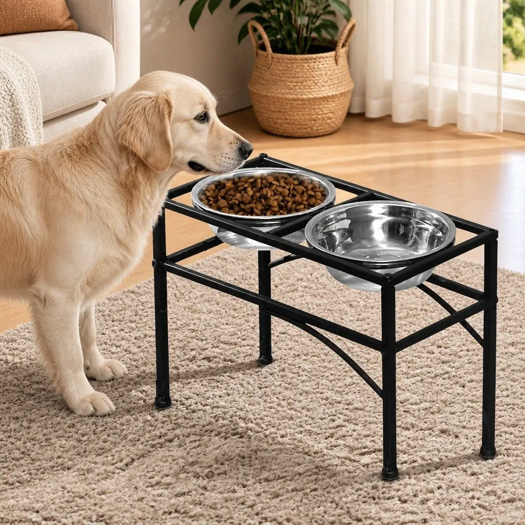 Dual Elevated Pet Dog Feeding Dishes Large Stainless Steel Bowls Black Iron Base