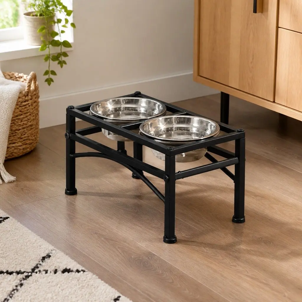 Dual Elevated Raised Pet Dog Feeder Small Stainless Steel Bowls Black Iron Non-Slip Base