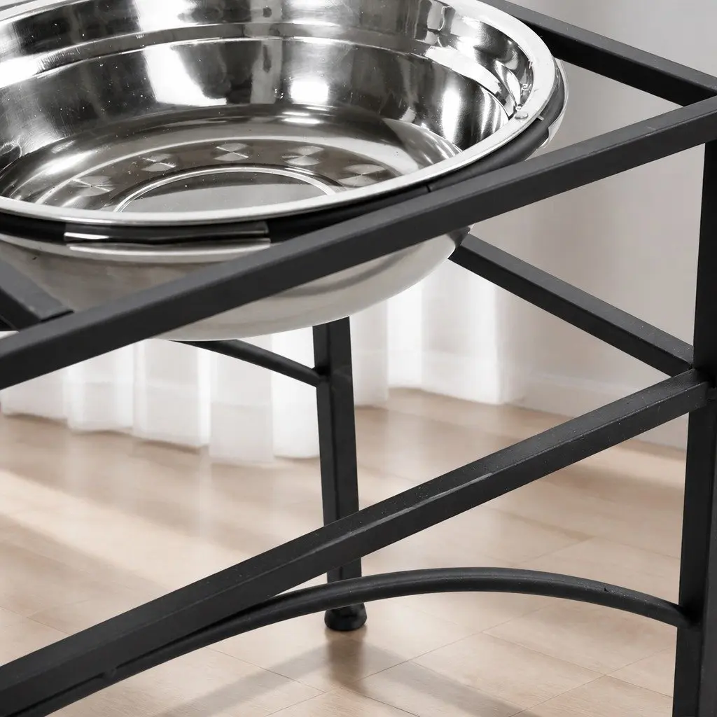 Dual Elevated Raised Pet Dog Feeder Small Stainless Steel Bowls Black Iron Non-Slip Base