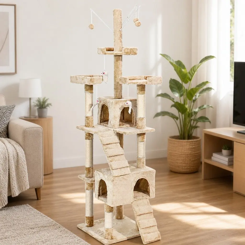 Cat Tree Multi-Level MDF Board Plush 49cm x 49cm x 210cm Beige