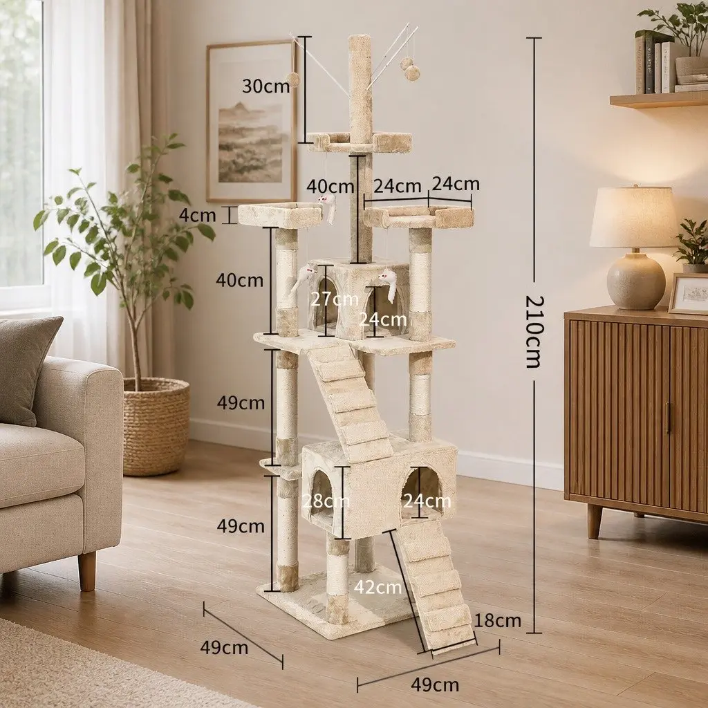 Cat Tree Multi-Level MDF Board Plush 49cm x 49cm x 210cm Beige