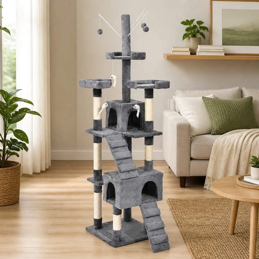 Cat Tree Multi-Level MDF Construction Plush Cover Sisal Poles Grey