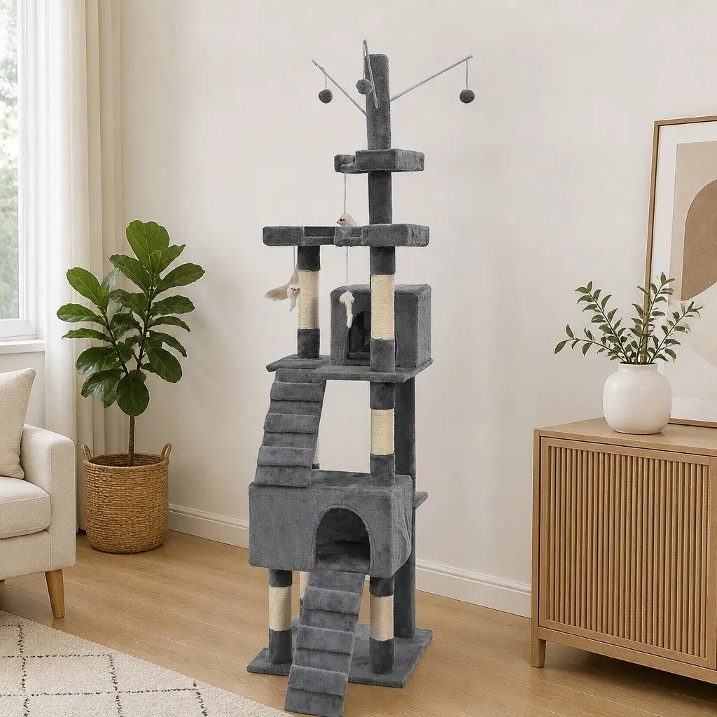 Cat Tree Multi-Level MDF Construction Plush Cover Sisal Poles Grey
