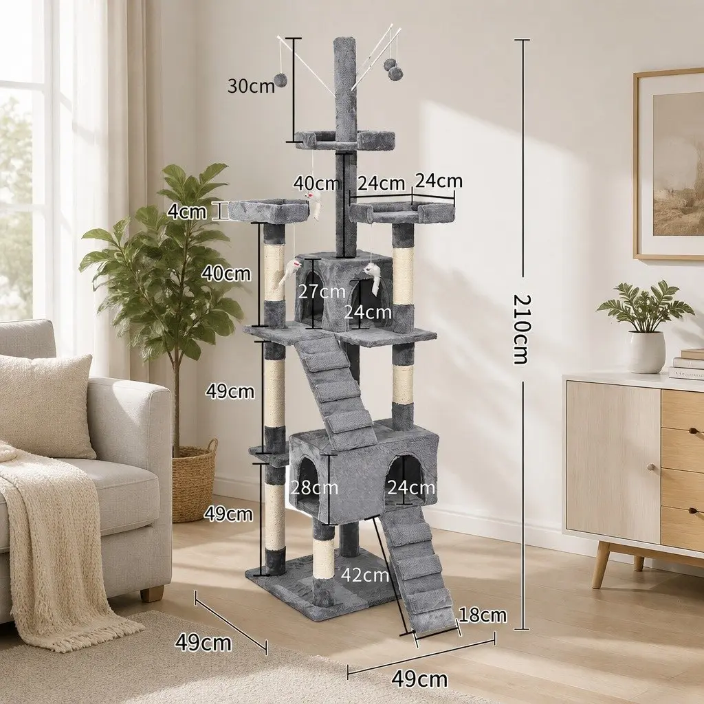 Cat Tree Multi-Level MDF Construction Plush Cover Sisal Poles Grey