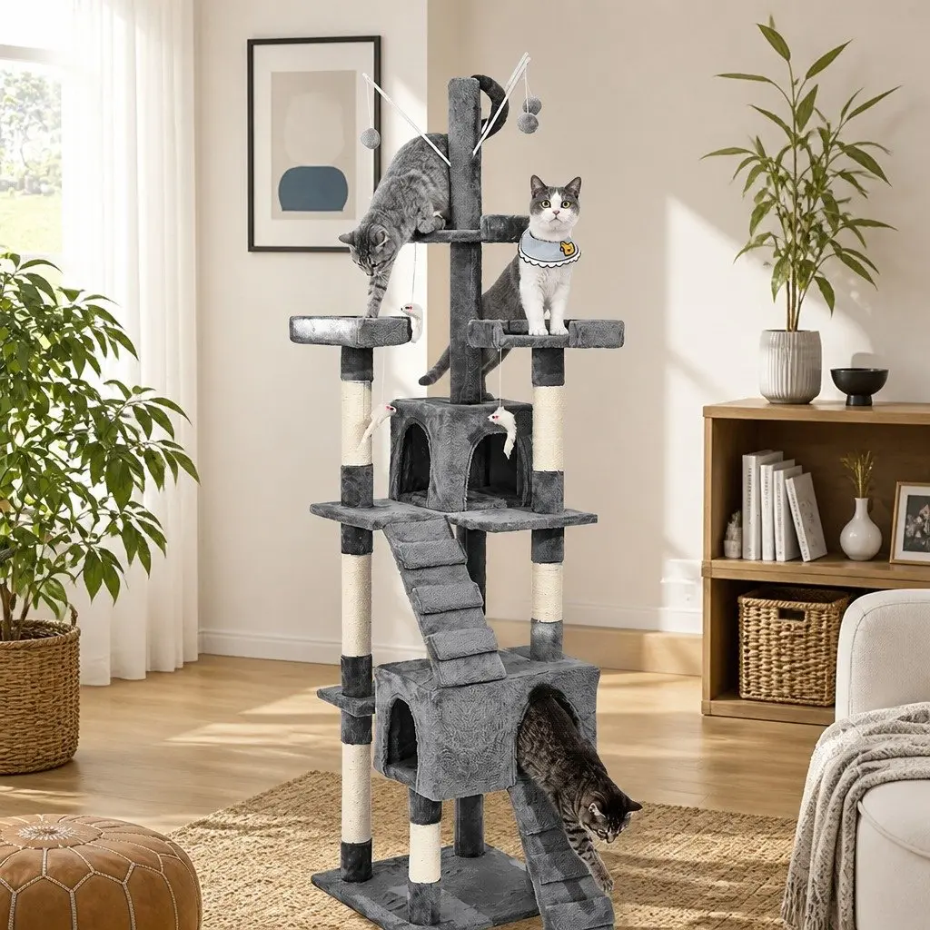 Cat Tree Multi-Level MDF Construction Plush Cover Sisal Poles Grey