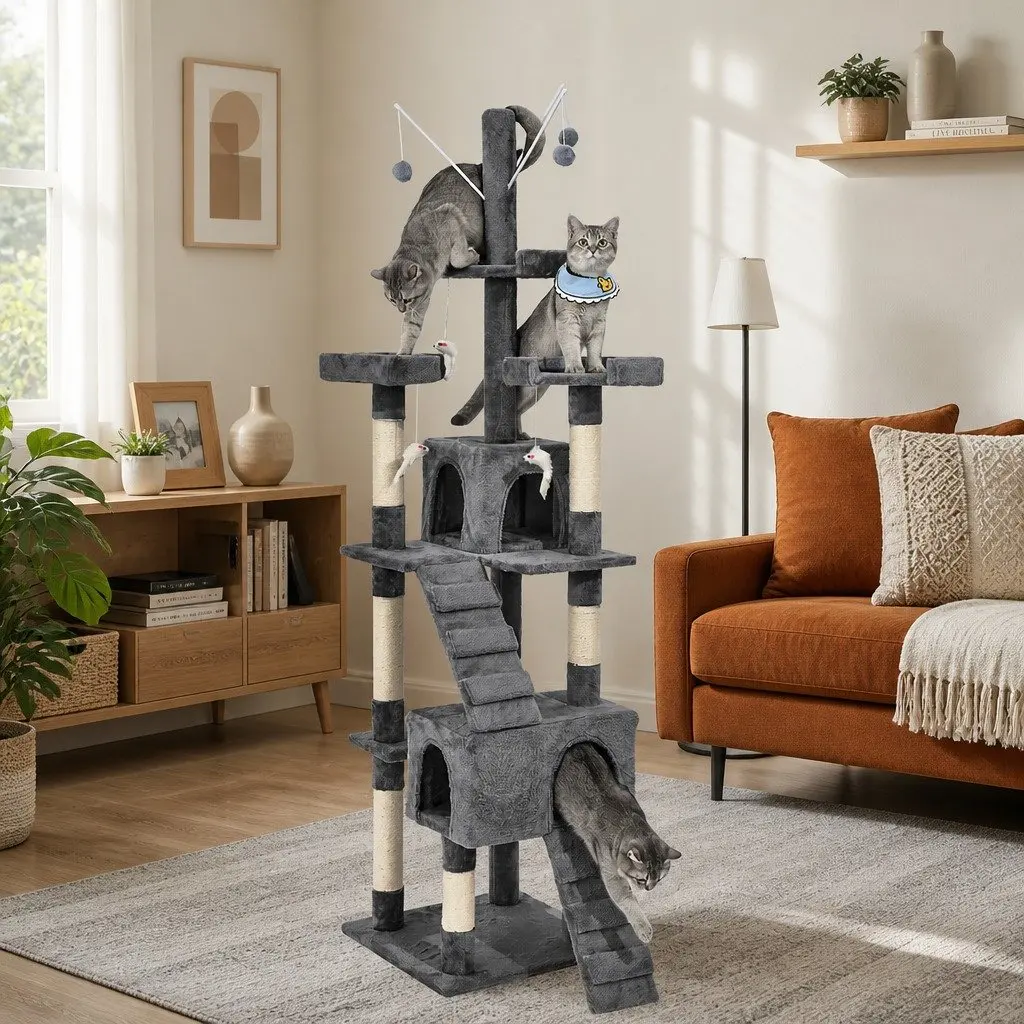 Cat Tree Multi-Level MDF Construction Plush Cover Sisal Poles Grey