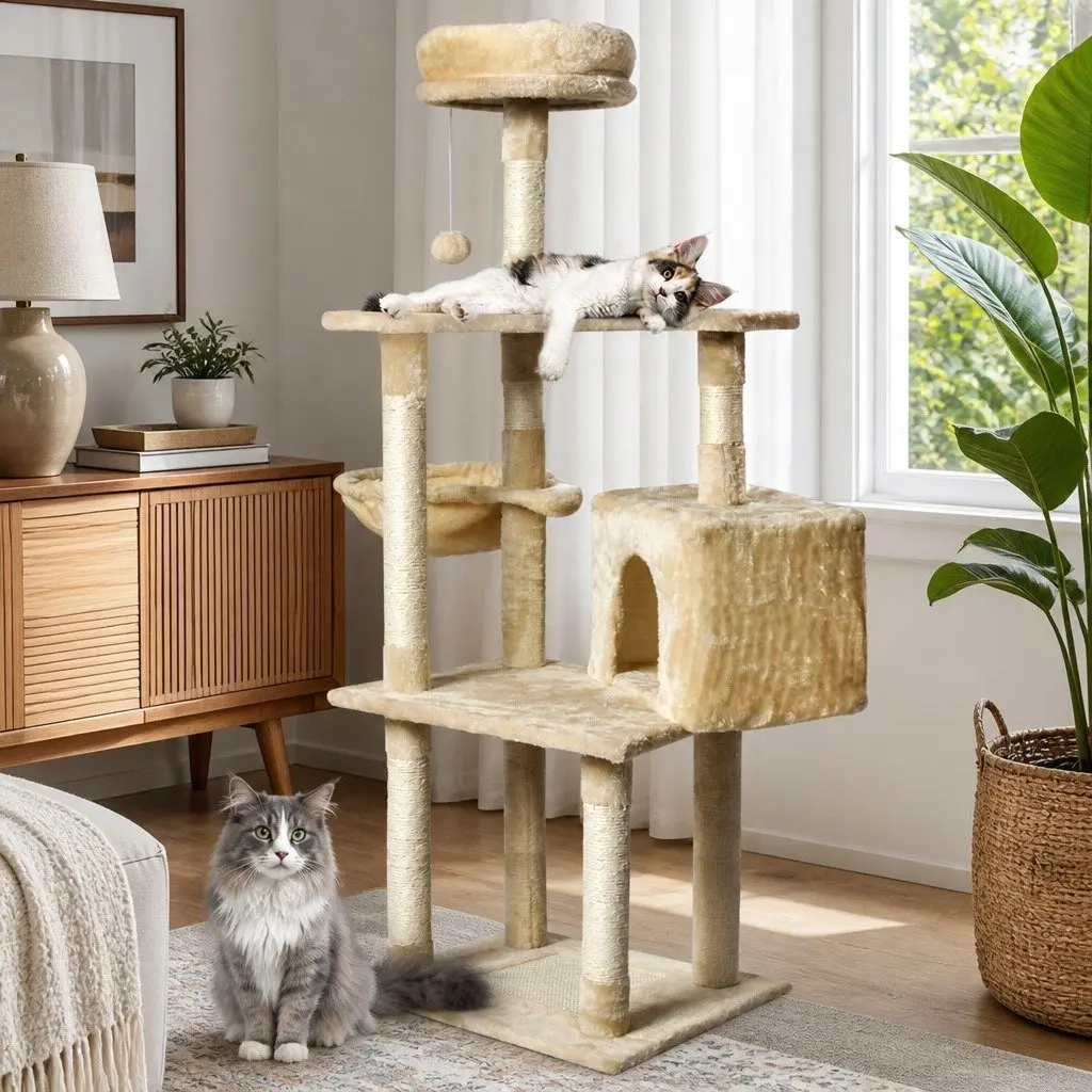 Cat Tree Scratching Post Multi-Level Climbing Tower Bed Cubby Plush Platform