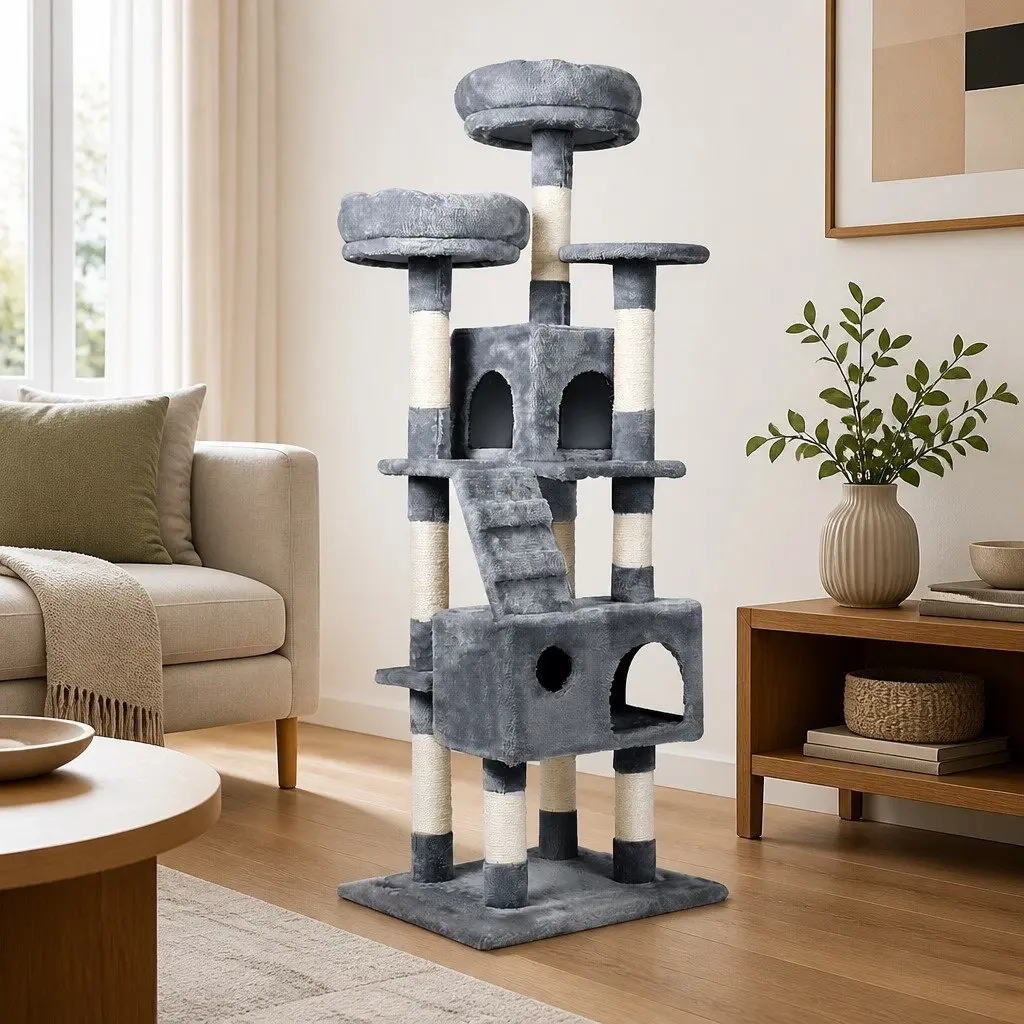 Cat Tree Multi-Level MDF Board Grey Plush Scratching Post with Sisal
