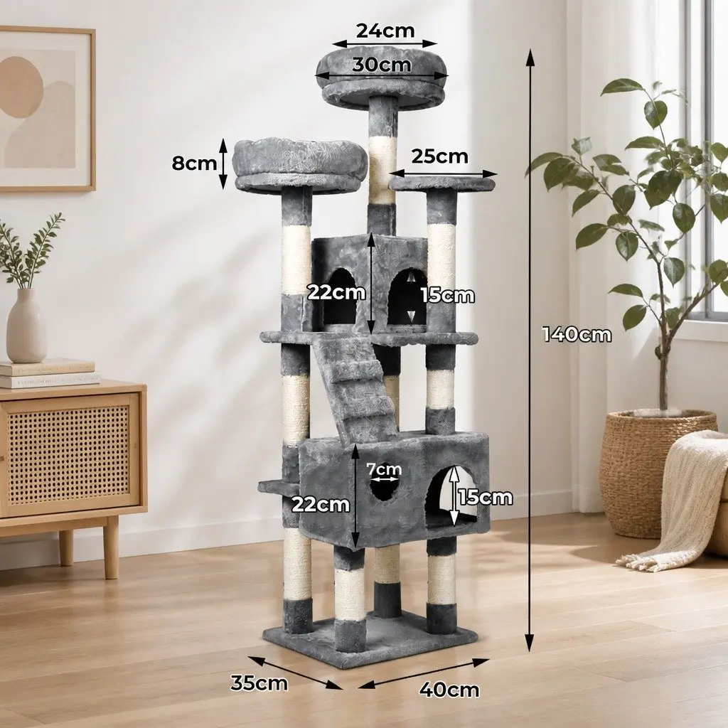 Cat Tree Multi-Level MDF Board Grey Plush Scratching Post with Sisal