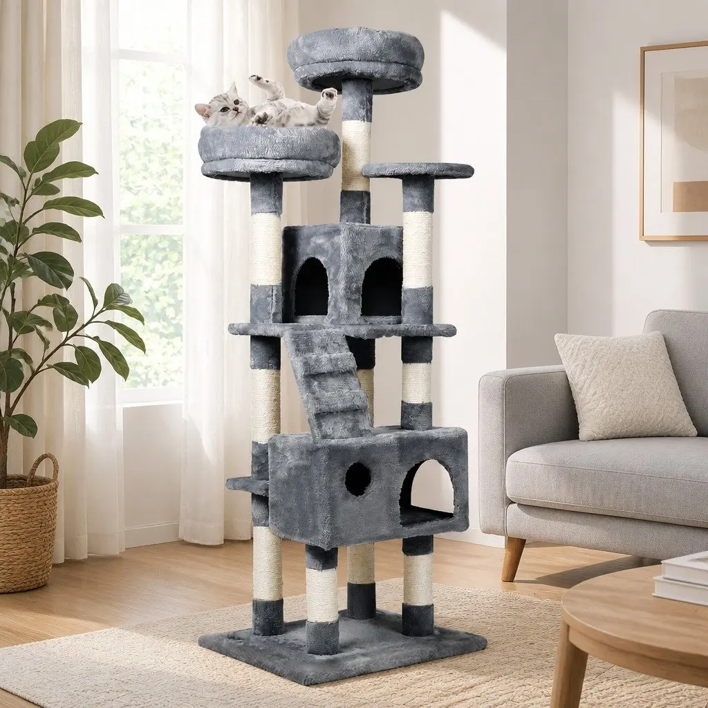 Cat Tree Multi-Level MDF Board Grey Plush Scratching Post with Sisal