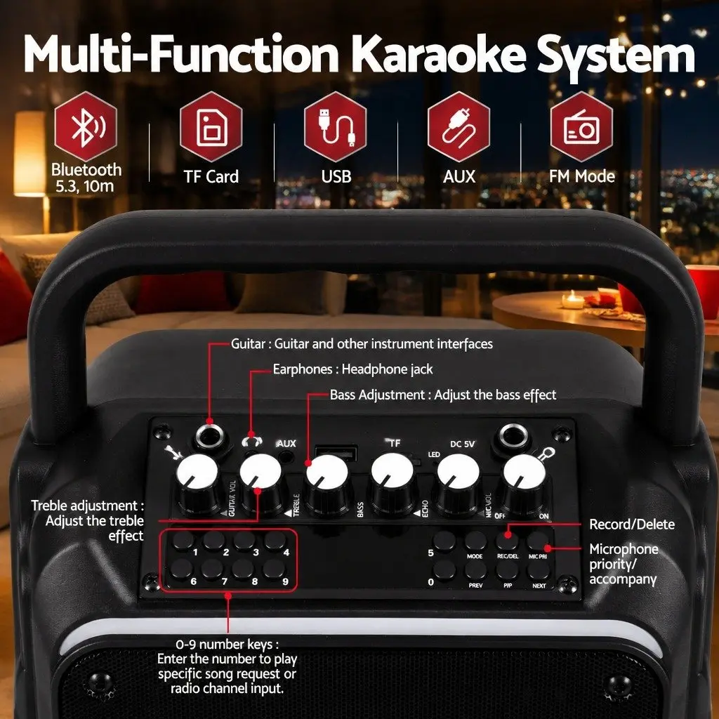 Portable Karaoke Machine with 2 Wireless Microphones Bluetooth 5.3 Speaker
